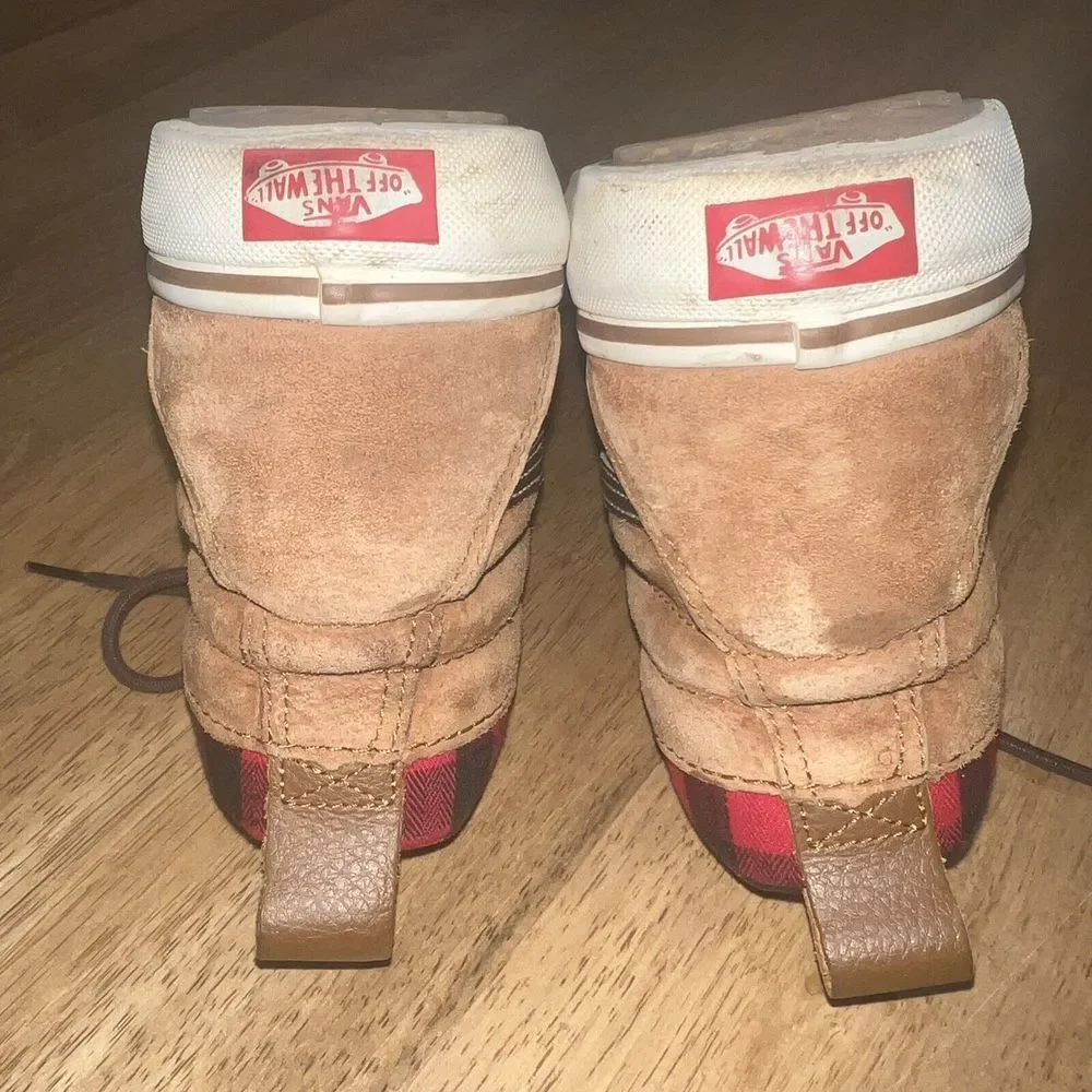 Vans Tan Suede High-Top Sneakers with Red Plaid Lining
